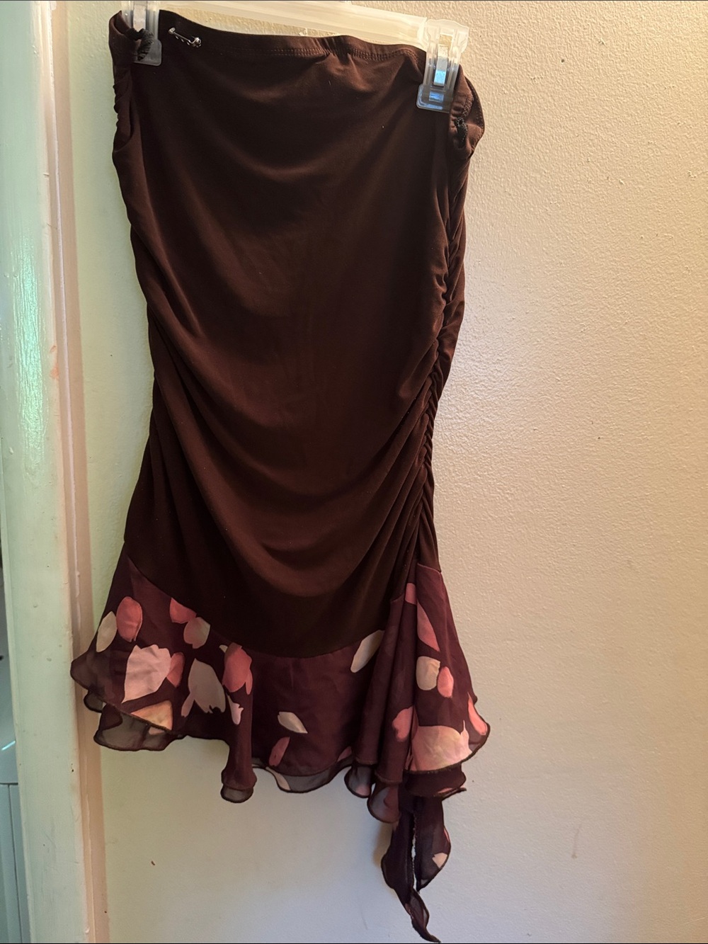 Brown Asymmetrical Ruffle Hem Shirt with Pink Floral Accent